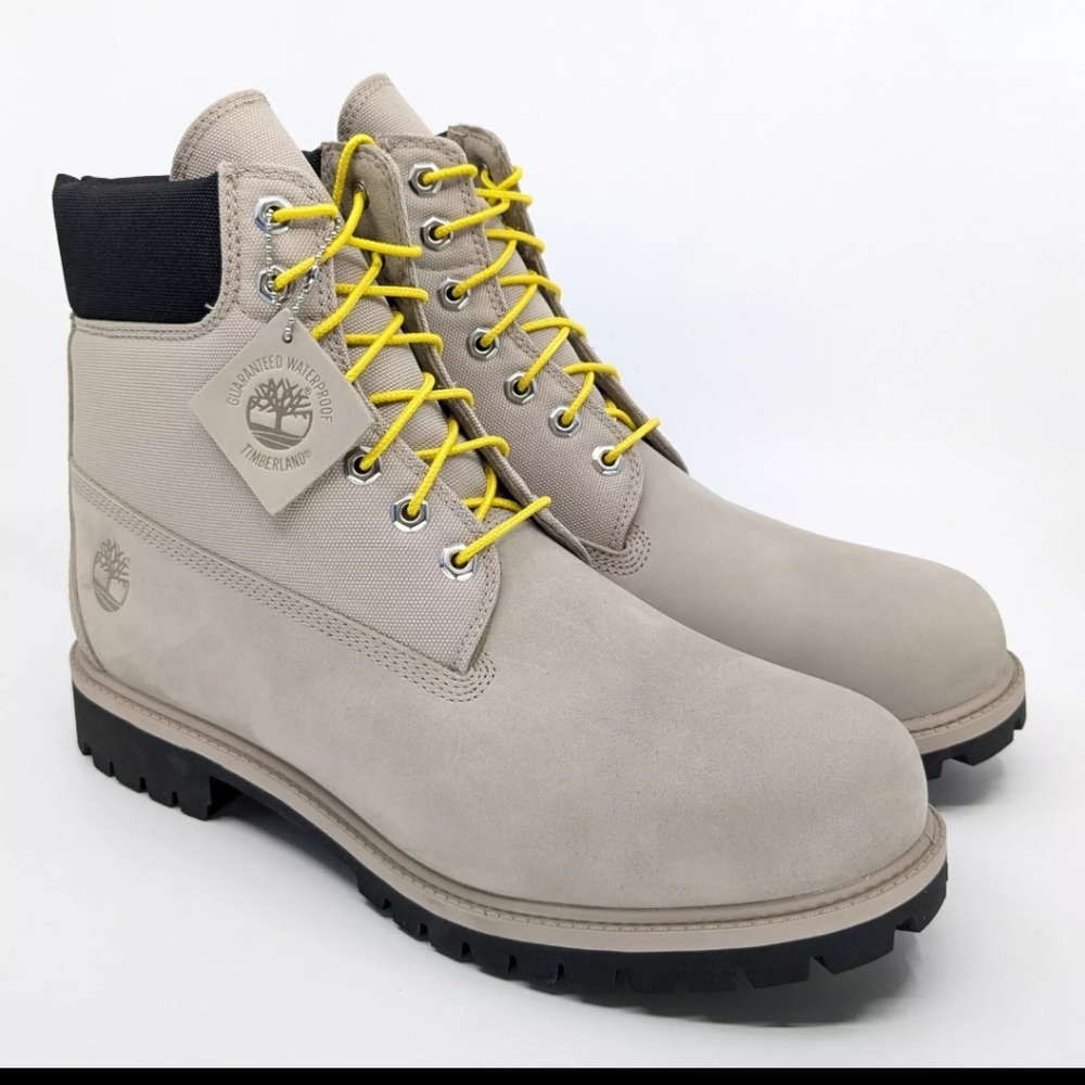 Timberland Heritage 6" Gray Yellow Leather Waterproof Boots Sz 13 A5MSV NWT